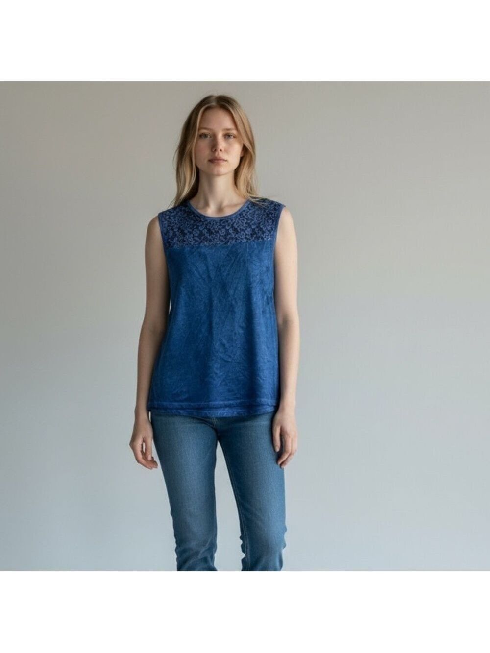 Blue Cotton and Lace Short Sleeved Blouse Tank, Size Large